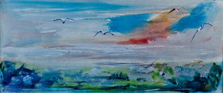 Ernesto Treccani VOLO DI GABBIANI Olio su tela, cm 30x70.