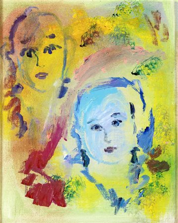 Ernesto Treccani VOLTI TRA I FIORI Olio su tela, cm 50x40. Firmato sul retro....