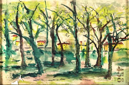 Renzo Nissim BOSCAGLIA URBANA Tecnica mista su carta, cm. 20 x 28. Firmato e...