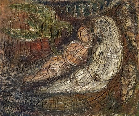 Attilio Lunardi MADONNA CON BAMBINO Tecnica mista su tela di juta, cm 50x60....