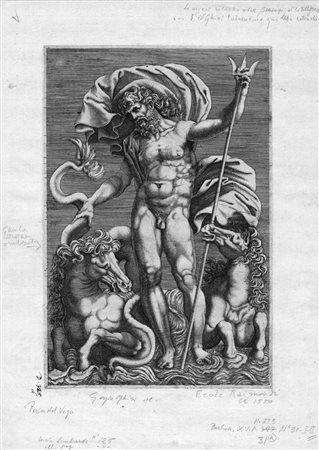 del Vaga Perin NETTUNO FRA DUE CAVALLI MARINI Bulino. mm 239x160. Lewis, R1....