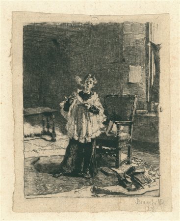Bianchi Mosè UNA BOCCATA DI FUMO … 1873 Acquaforte e puntasecca. mm 185x135....
