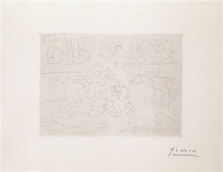Picasso Pablo TAUREAU ET CHEVAUX DANS L’ARÈNE. 1933 Acquaforte su rame mm...