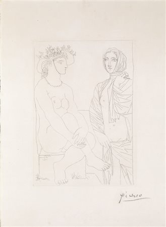 Picasso Pablo FEMME ASSISE AU CHAPEAU ET FEMME DEBOUT DRAPÉE. 1934 Acquaforte...