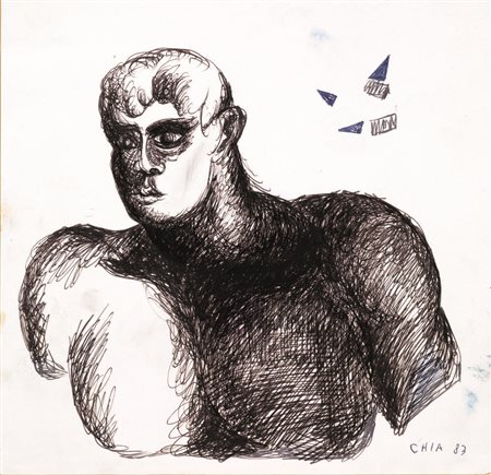 Sandro Chia SENZA TITOLO. 1983 Penna biro nera e blu su carta. mm 170x170....