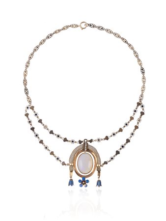 COLLANA IN ORO GIALLO, SMALTI POLICROMI, OPALE E MICROPERLE, 1880 CIRCA a due...