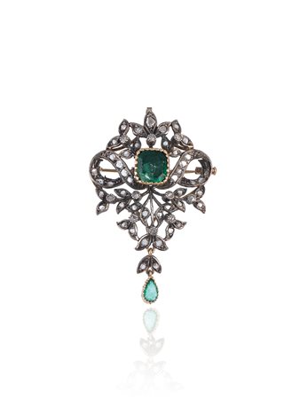 PENDENTE/SPILLA IN ORO GIALLO, ARGENTO, DIAMANTI E SMERALDI, FINE SEC. XIX...