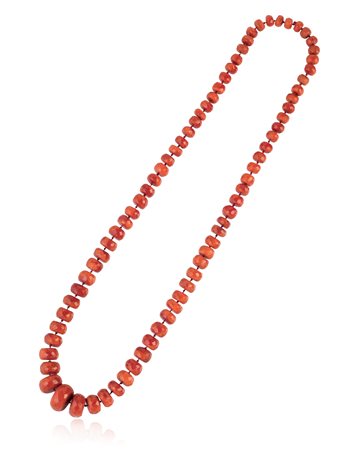 LUNGA COLLANA IN CORALLO ad una fila di corallo rosso a rondelle sfaccettate...