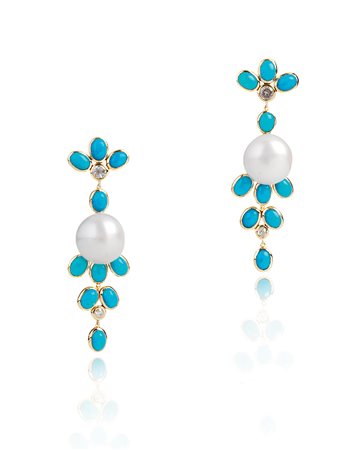 PAIO DI ORECCHINI PENDENTI, CHRISTOSM, IN ORO GIALLO, TURCHESE, PERLE E...
