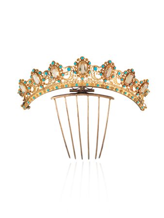 TIARA CON PETTINE IN ORO GIALLO, ARGENTO, QUARZI CITRINI E TURCHESI, FINE...