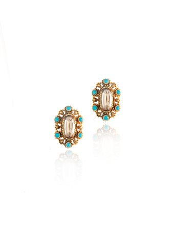 PAIO DI ORECCHINI IN ORO GIALLO, QUARZI CITRINI E TURCHESI, FINE SEC. XIX al...