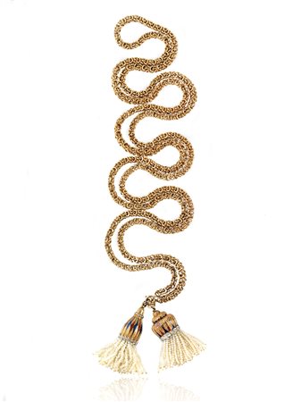 LUNGA CATENA CON PENDENTI IN ORO GIALLO, SMALTI POLICROMI, MICROPERLE E...