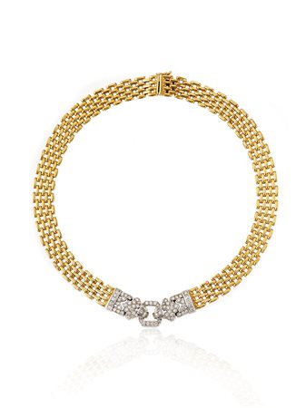 COLLANA IN ORO GIALLO, ORO BIANCO E DIAMANTI ad una linea di maglia...