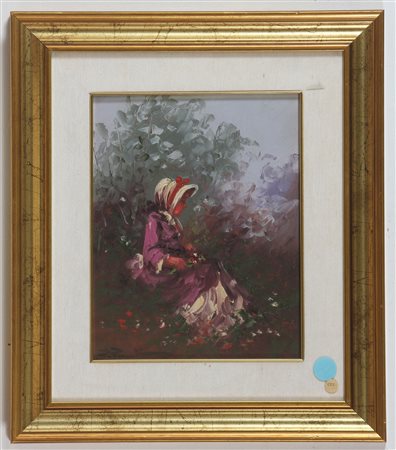 PANTINO PIETRO (n. 1941) Scena. Olio su tela . Cm 30,00 x 24,00. Firma in...