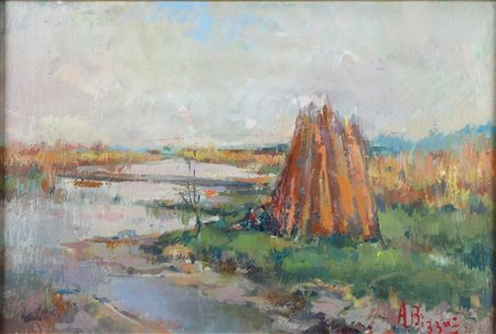 BIZZAI ALBERTO (1926 - 2004) Verso il lago d'Iseo. Olio su tela . Cm 50,00 x...