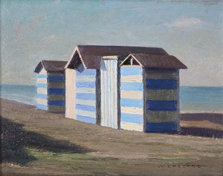LAZZARO WALTER (1914 - 1989) Capanni adriatici. Olio su faesite. Cm 24,00 x...