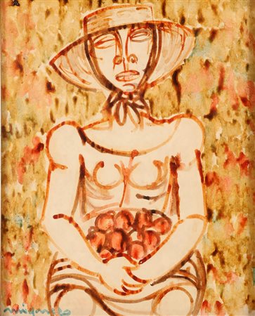 MIGNECO GIUSEPPE (1908 - 1997) Senza titolo. Acquarello su carta su tela. Cm...