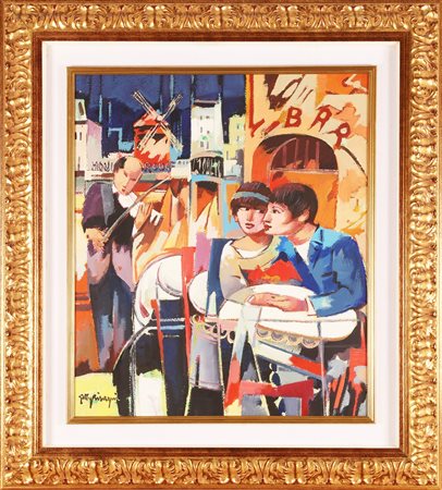 BISAGNI GETTY (n. 1931) Au bistrot du Moulin Rouge. 1997. Olio su tela . Cm...