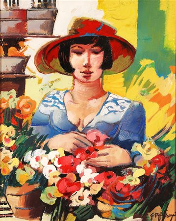 BISAGNI GETTY (n. 1931) La fioraia. Olio su tela . Cm 40,00 x 50,00. Firma in...