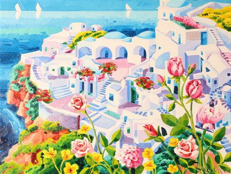 FACCINCANI ATHOS (n. 1951) Santorini: la luce gioca con i colori. 2008. Olio...