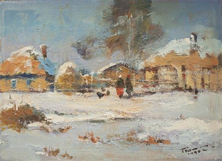 ALEXANDER POLISCHUK Ucraina 1951 "Inverno in thazta" 1990 34x46,5 olio su...