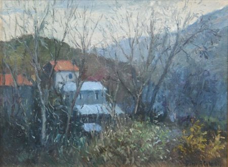 ALIBERTI DINO Torino 1935 "Paesaggio con case" 30x40 olio su cartone telato...