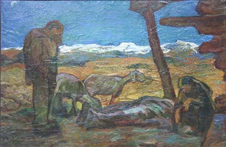 ANONIMO "Riposo dal pascolo" 43x65 olio su tela applicata su cartone