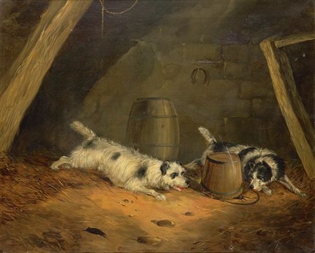 ARMFIELD G. SMITH Gran Bretagna XIX secolo "Cani nella stalla" 51x61 olio su...
