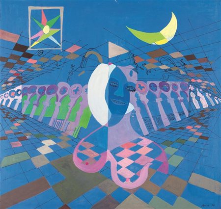 BENEVELLI "La donna a Palazzo Ducale" 78x83 olio su tela Opera firmata e...