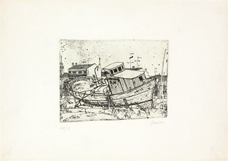 BIASION RENZO Treviso 1914 - 1997 Firenze "Barcone in secca" 12,2x16,2...