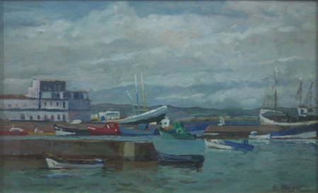 BOYER PIETRO "Il porto" 25x40 olio su tavoletta Opera firmata in basso a destra