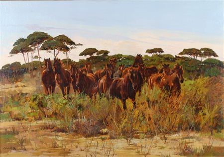 Angelo Volpe (Grottaminarda 1838 - Napoli 1894) Maremma, cavalli bradi in...