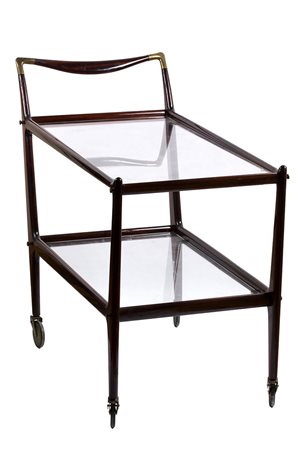 ICO PARISI - DE BAGGIS Carrello con vassoi in cristallo, 1950-57 Mogano,...