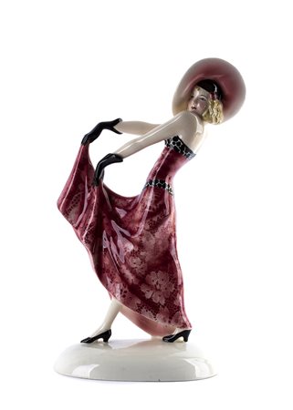 STEFAN DAKON - GOLDSCHEIDER Dama con cappello Scultura in ceramica dipinta,...