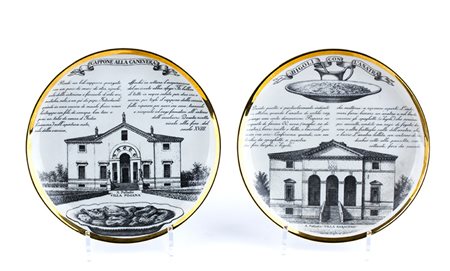 FORNASETTI - MILANO Coppia di piatti raffiguranti palazzi palladiani, 1966...