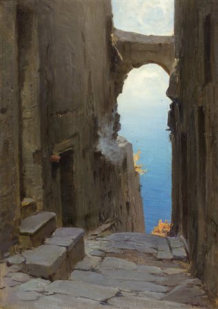 PASQUALE AVALLONESalerno, 1884 - 1965 Scorcio di costiera Olio su cartoncino...