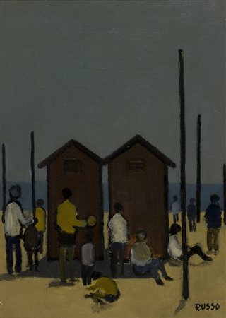 MARIO RUSSONapoli, 1925 - Roma, 2000 Bagnanti sulla spiaggia Olio su...