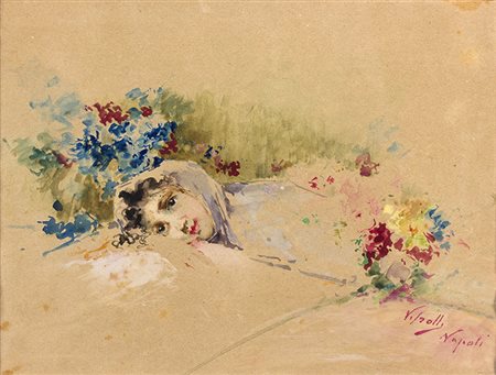 VINCENZO IROLLINapoli, 1860 - 1949 Donna con fiori Acquarello su carta...