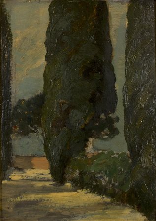PIETRO FRAGIACOMOTrieste, 1856 - Venezia, 1922 Cipressi Olio su cartone...
