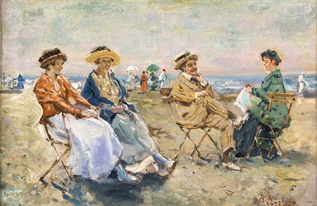 RAFFAELE RAGIONENapoli, 1851 - 1925 Figure in spiaggia Olio su cartoncino...
