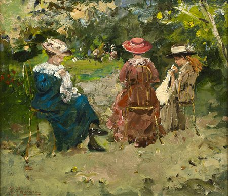 RAFFAELE RAGIONENapoli, 1851 - 1925 Donne che cuciono Olio su tavoletta...