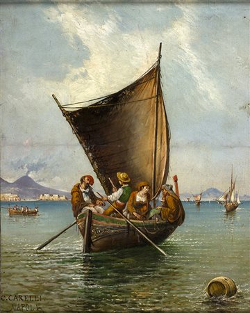 CONSALVO CARELLINapoli, 1818 - 1900 Golfo di Napoli con pescatori Olio su...