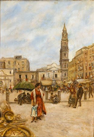 VINCENZO MIGLIARONapoli, 1858 - 1938 Piazza Mercato Olio su tela, 43,5 x 32...