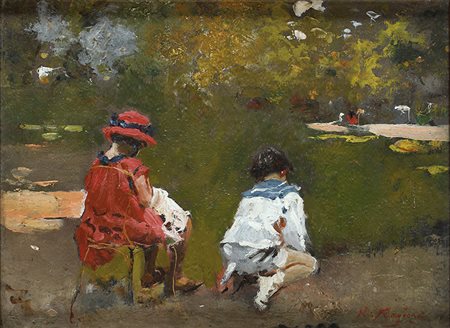 RAFFAELE RAGIONENapoli, 1851 - 1925 Nel Parc Monceau Olio su tela, 25 x 34,5...