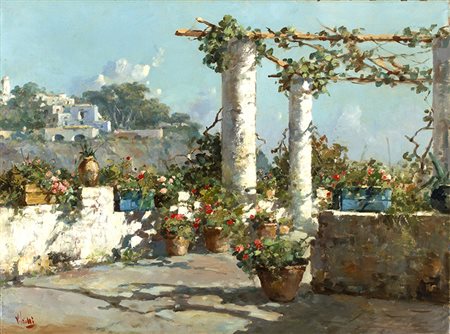 VINCENZO IROLLINapoli, 1860 - 1949 Terrazzo fiorito della casa di Irolli Olio...