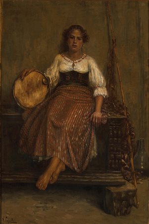 VINCENZO CAPRILENapoli, 1856 - 1936 Donna con tamburello Olio su tela, 85,5 x...
