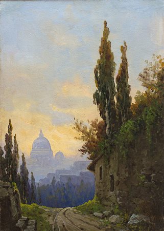 ONORATO CARLANDIRoma, 1848 - 1939 Veduta di San Pietro Olio su tela, 67 x 47...