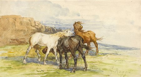 GIUSEPPE RAGGIOChiavari, 1823 - Roma, 1916 Cavalli Matita e acquerello su...