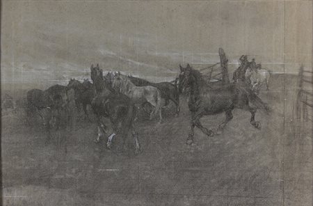 FILIBERTO PETITITorino, 1845 - Roma, 1924 Cavalli Matite, carboncino e biacca...