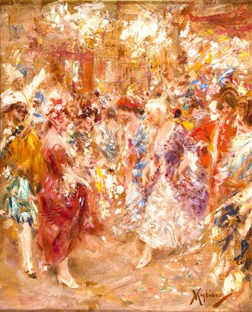 VINCENZO MIGLIARONapoli, 1858 - 1938 Ballo in costume Olio su tavola, 28 x...